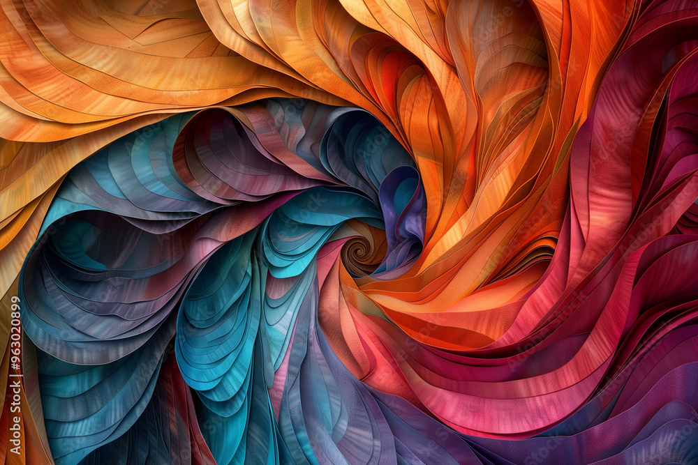 Poster the intricate patterns formed by the colors are reminiscent of waves or spirals, making this image i
