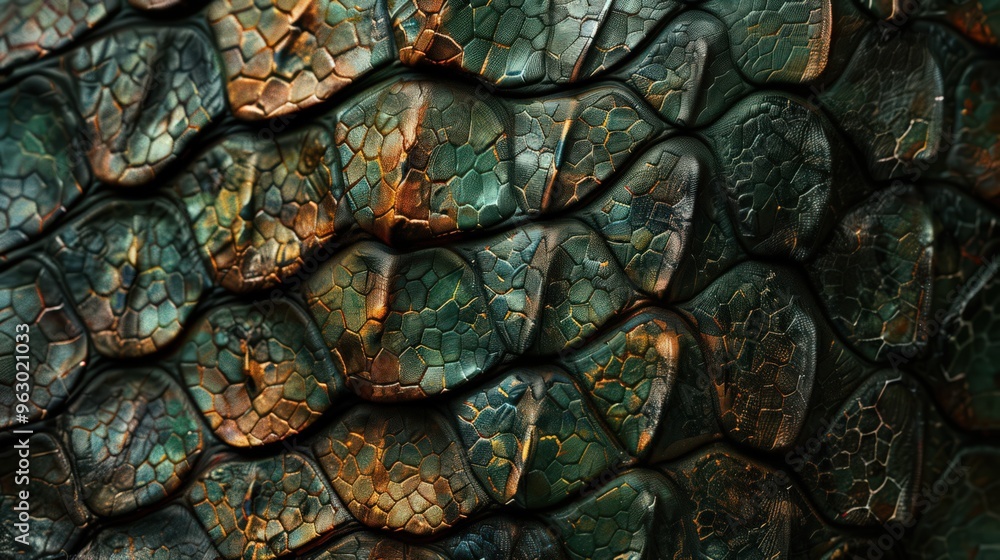 Poster artistic representation of a reptile's skin, emphasizing the scales and patterns that offer protecti