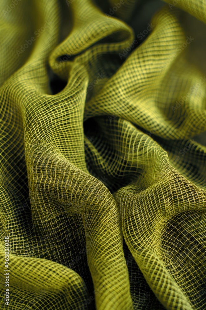 Aufkleber Vibrant yellow green fabric texture close-up. Criss-cross pattern adds depth complexity. Slightly wrinkled suggesting folded draped. Blurred background focuses on intricate details.