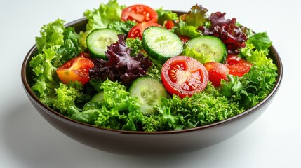 A bowl of fresh salad with mixed greens, tomatoes, and cucumbers, on a white background