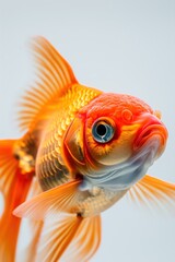 Goldfish Oranda aquarium tank close-up white background. Vibrant orange body contrasting white belly blue eyes gold fins. Center frame facing camera head slightly tilted left.