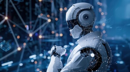 Artistic representation of a robot's machine learning algorithms, showing how it processes data to improve performance and decision-making