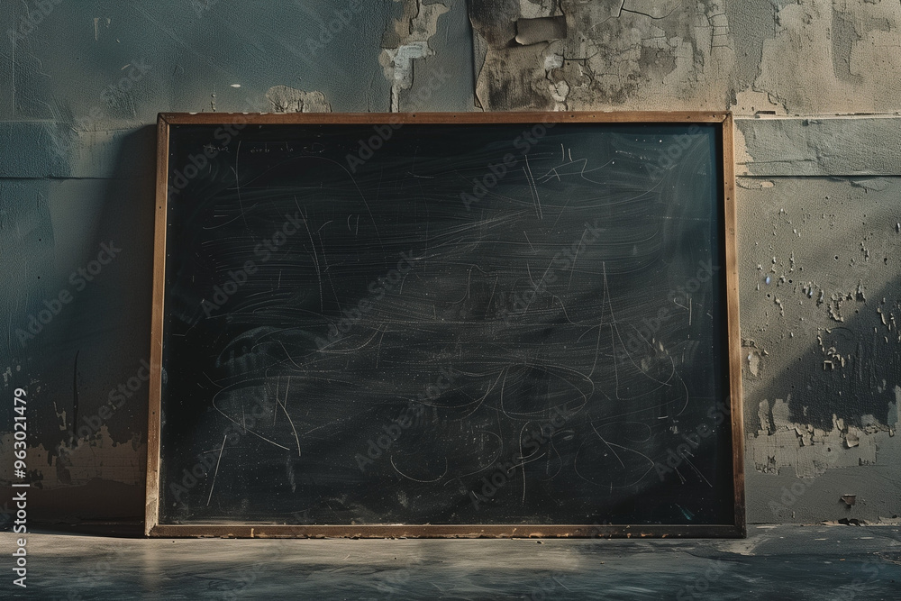 Poster top view image of empty blackboard sign on textured floor
