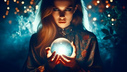 Mystic Woman Holding Illuminated Crystal Ball at Night with Intense Gaze, Enigmatic Fortune Teller in Atmospheric Lighting, Mystical and Spiritual Theme