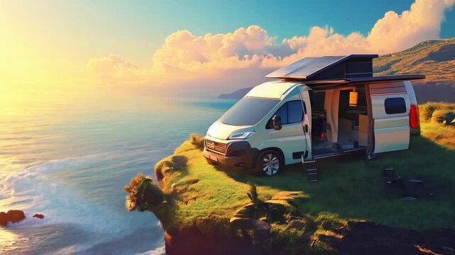 Modern camper van parked on a scenic coastal cliff with a stunning ocean view, bathed in sunlight
