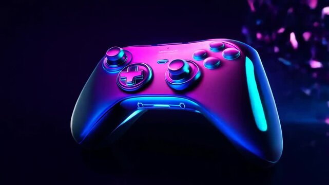 Futuristic gaming controller with glowing neon blue and purple lights, representing modern gaming technology