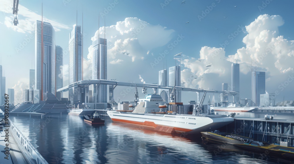 Poster visualize a cargo ship arriving at a futuristic port with advanced loading and unloading technology,
