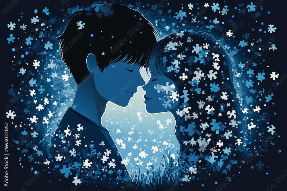 Poster fasciculus retroflexus brainwave interaction silhouette of a couple facing each other with snowflake