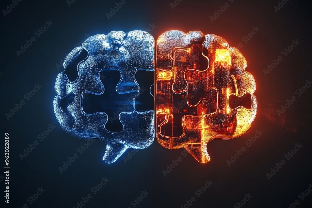 Poster mind efficiency neurocortex glowing blue and red brains connected through puzzle pieces symbolizing 
