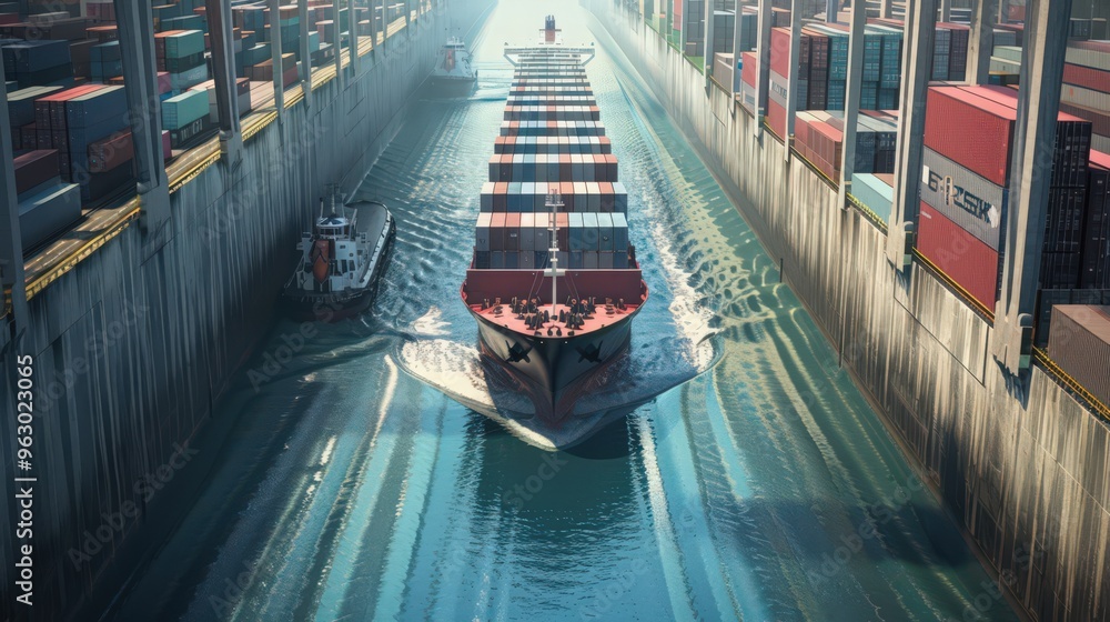Poster visualize a cargo ship navigating through a narrow canal, with its large containers fitting snugly b