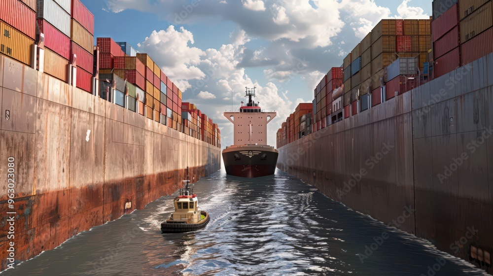 Poster visualize a cargo ship navigating through a narrow canal, with its large containers fitting snugly b