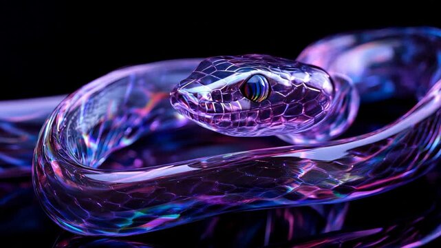 Glowing translucent snake with purple neon highlights, symbolizing elegance and mystery