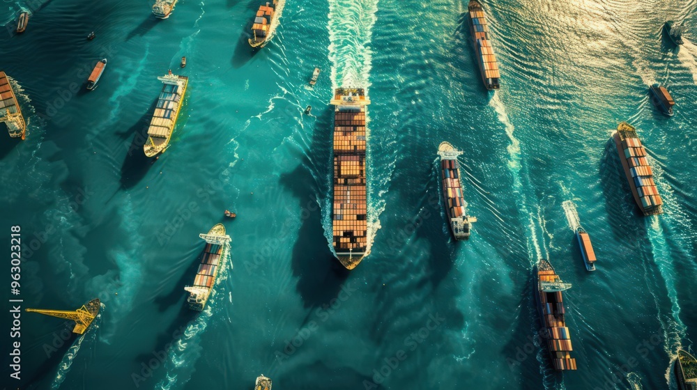 Poster visualize a cargo ship surrounded by other vessels in a busy shipping lane, with ships of different 