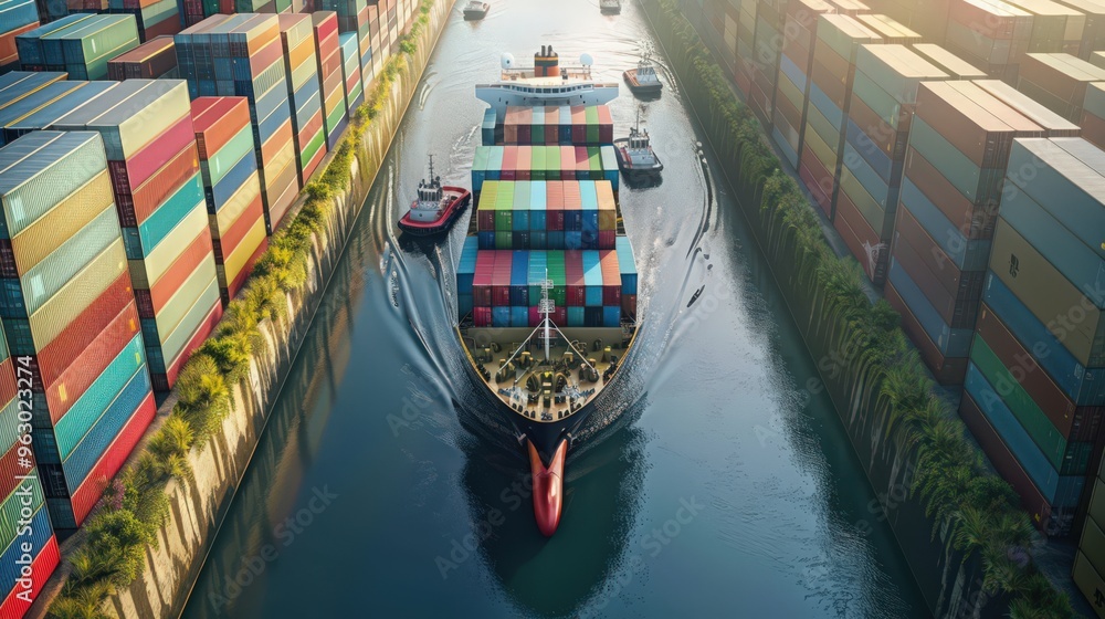 Poster visualize a cargo ship navigating through a narrow canal, with its large containers fitting snugly b