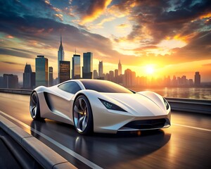 unique and sleek design, White Sport and modified futuristic car on future highway background