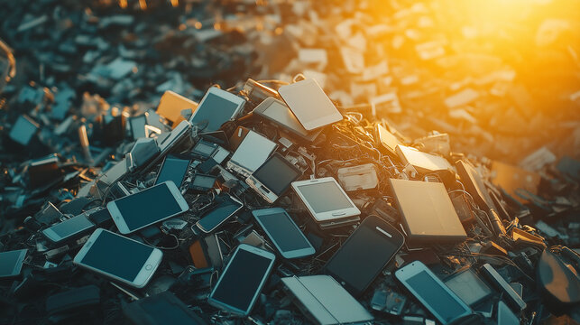 A pile of old electronic devices and wires from the factory's scrap yard, ready for recycling. The collection includes smartphones, laptops, cameras, televisions, and other digital products
