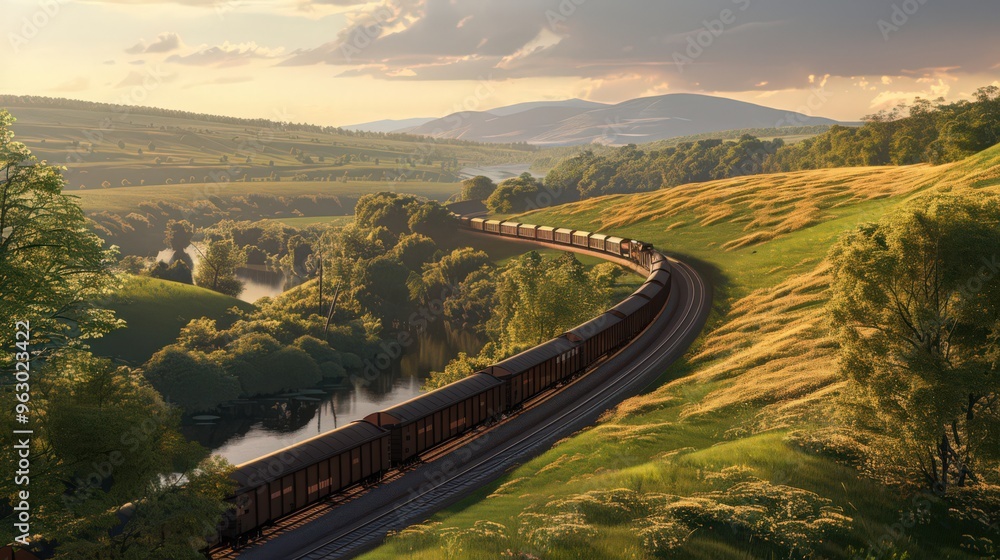 Poster visualize a cargo train navigating a sharp bend in the track, with a view of the train's wheels and 