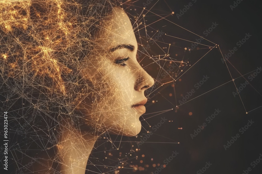 Aufkleber mental horsepower brainwave interaction woman’s face dissolving into geometric particles symbolizing