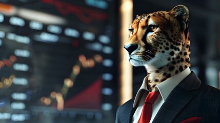 Confident Cheetah in Sleek Business Attire Analyzing Market Trends on Digital Display