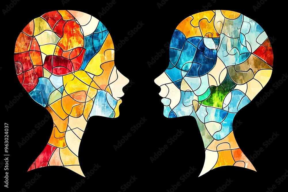 Poster neural potential brainwave interaction stained glass style profiles of two human heads with colorful