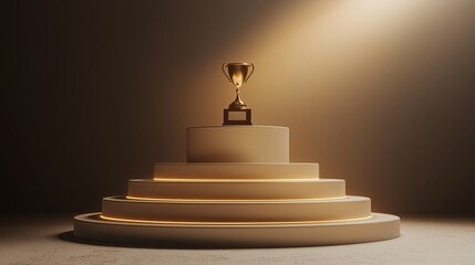 A golden trophy sits on a podium under a dramatic spotlight in a dark setting, symbolizing achievement, honor, and celebration.