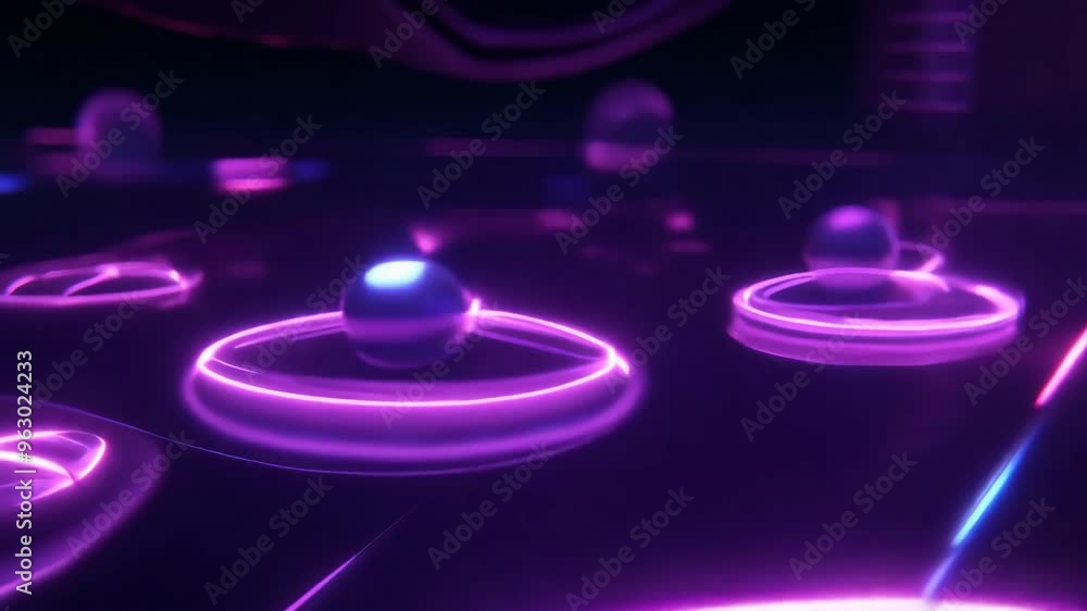Poster glowing neon rings with reflective spheres hovering above them, creating a futuristic and vibrant de