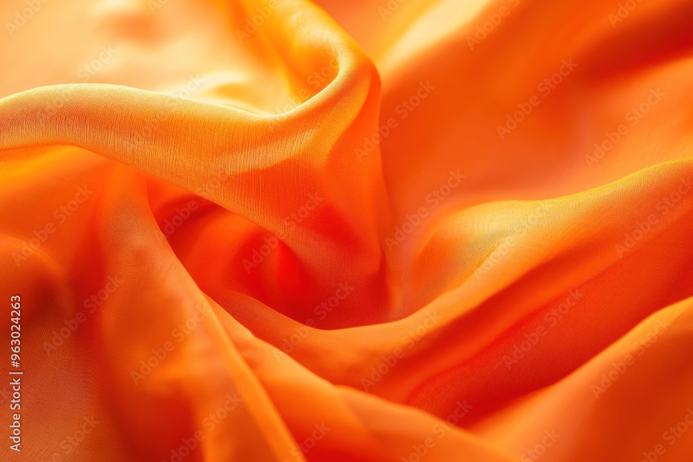 Poster vibrant orange fabric texture pattern with crumpled folds, blurred background emphasizes dynamic col