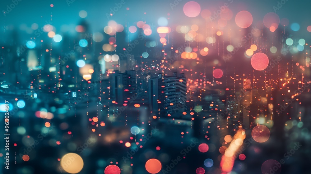 Poster cityscape with bokeh lights, creating an abstract and moody atmosphere.