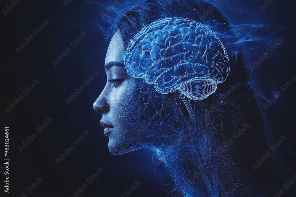 Poster brain aptitude brainwave interaction digital geometric particles forming the face of a woman symboli