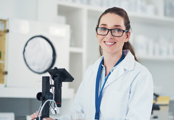 Medical, science and portrait of woman in laboratory with smile for vaccine development in research...