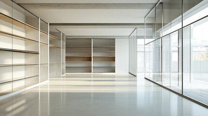 Obraz premium Modern Minimalist Empty Room with Glass Walls and Shelving
