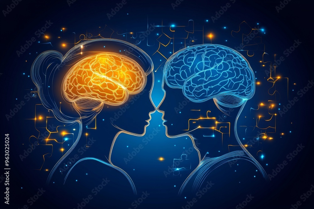 Poster mental potential brainwave interaction illustration of two glowing brains in a cosmic night scene re