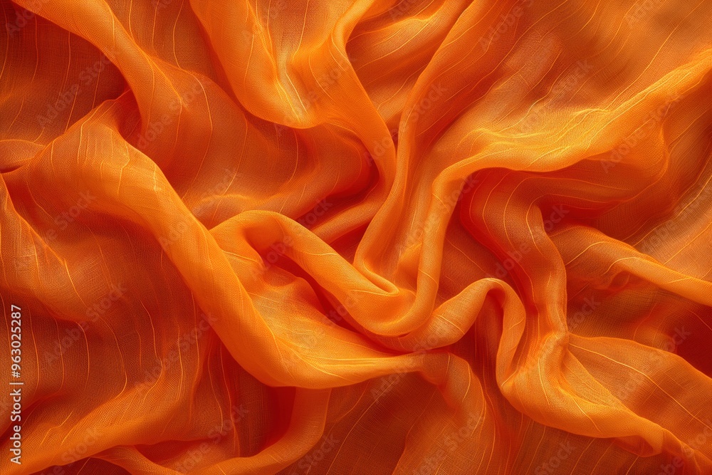 Aufkleber Vibrant orange fabric texture pattern close-up view. Soft flowing material with intricate design. Orange threads overlap and intertwine adding depth complexity. Suitable for clothing home decor.