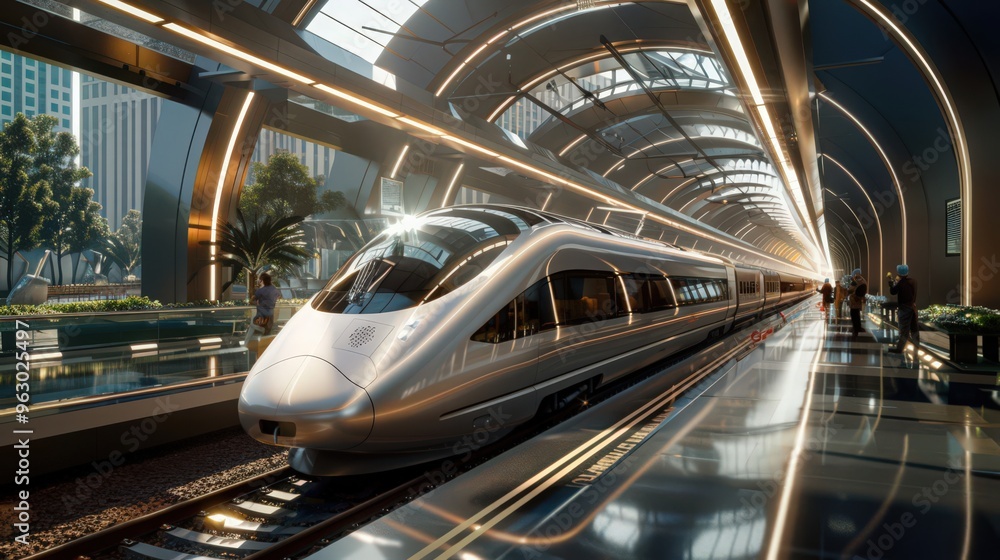 Poster visualize a high-speed train at a cutting-edge research facility, with scientists observing its perf