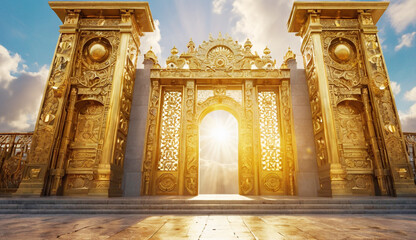 Obraz premium A majestic golden gate adorned with intricate designs opens towards a radiant, glowing sky, with sunlight breaking through the clouds in the background.