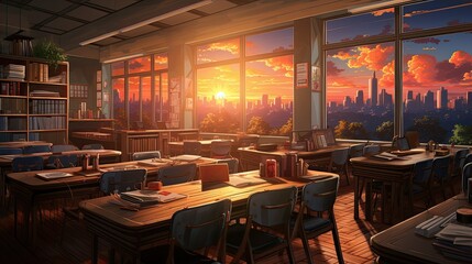 Obraz premium illustration background of a class room with table , sunset ocean scene