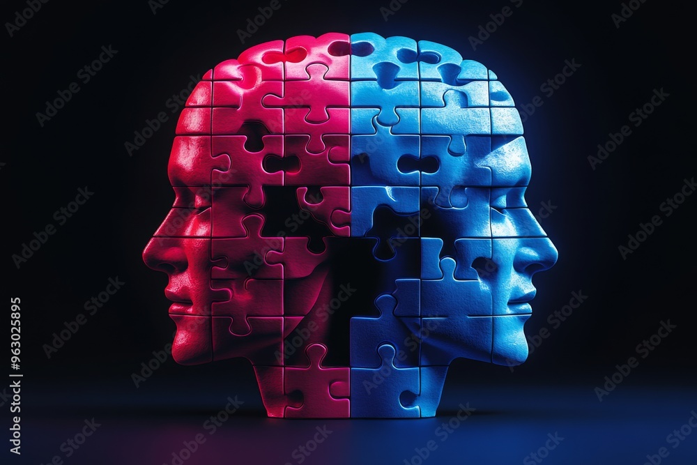 Poster neural cognition brainwave interaction futuristic red and blue 3d puzzle heads facing each other sym