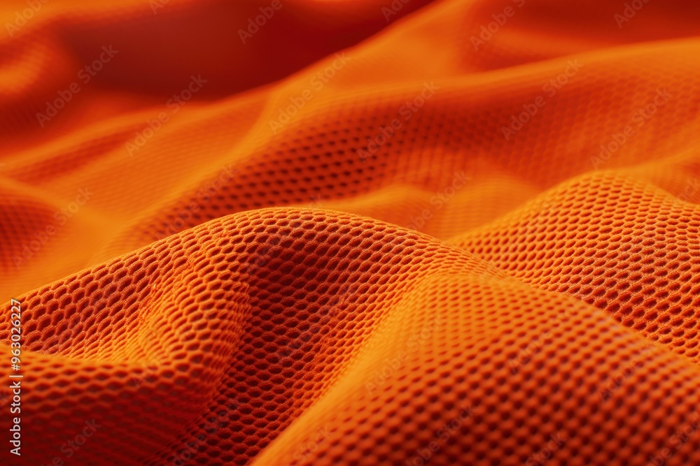Poster orange fabric texture close-up. soft material with small circular holes. uniform pattern on jersey o