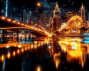 Obraz premium Stunning cityscape at night with vibrant lights reflecting on water, showcasing modern architecture and dynamic urban atmosphere.