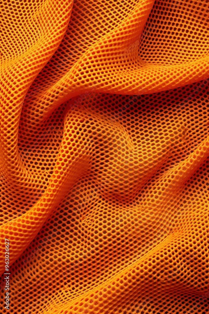 Poster Orange synthetic fabric close-up shows textured pattern with small holes. Fabric appears smooth and shiny with slight elevation angle. Blurred background highlights intricate details.