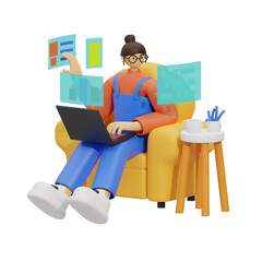 3d illustration Girl Working from Her Cozy Corner