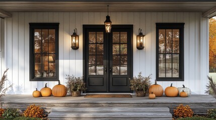 Modern farmhouse exterior with whitewashed walls, black-framed windows, and brass outdoor fixtures