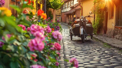 Naklejka premium Visualize a motorcycle with a sidecar driving through a quaint village, with cobblestone streets,