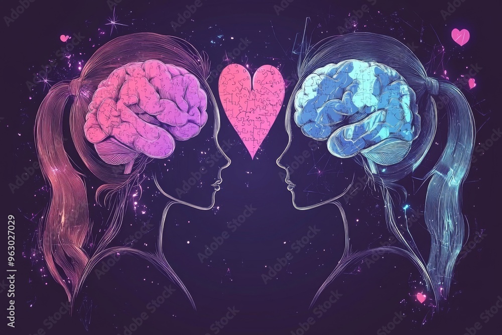 Poster neural stamina brainwave interaction colorful neon illustration of two profiles facing each other wi