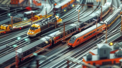 Visualize a passenger train at a bustling railway junction, with multiple tracks and a mix of different train types and activities