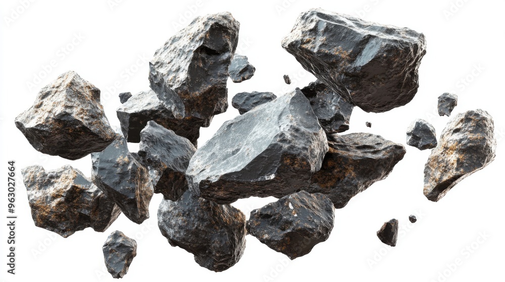 Aufkleber a 3d cluster of meteorites of varying sizes, floating freely in space, isolated on a white backgroun