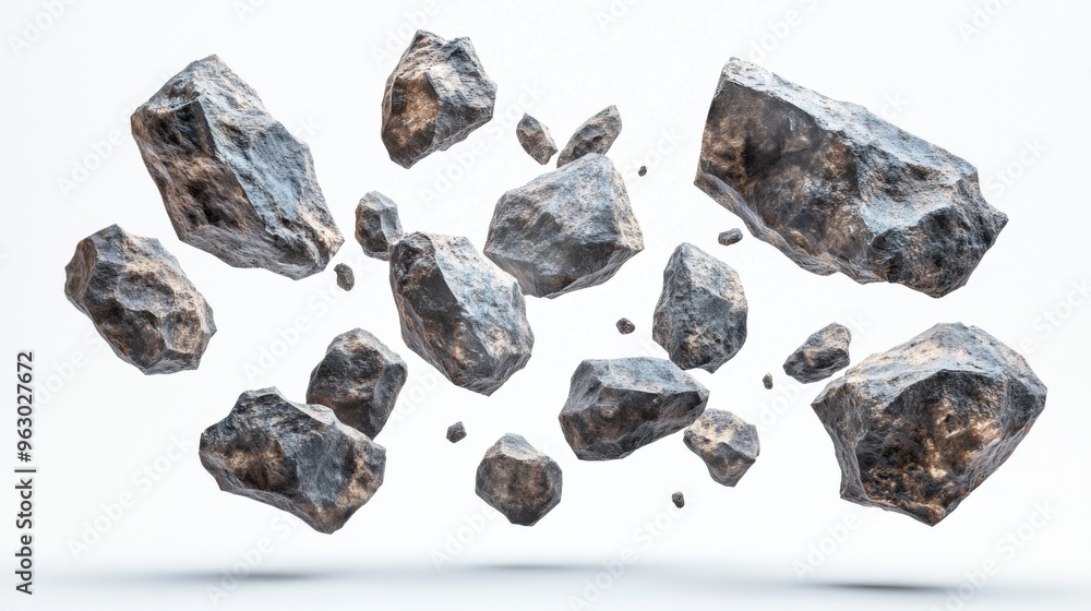 Poster a 3d cluster of meteorites of varying sizes, floating freely in space, isolated on a white backgroun