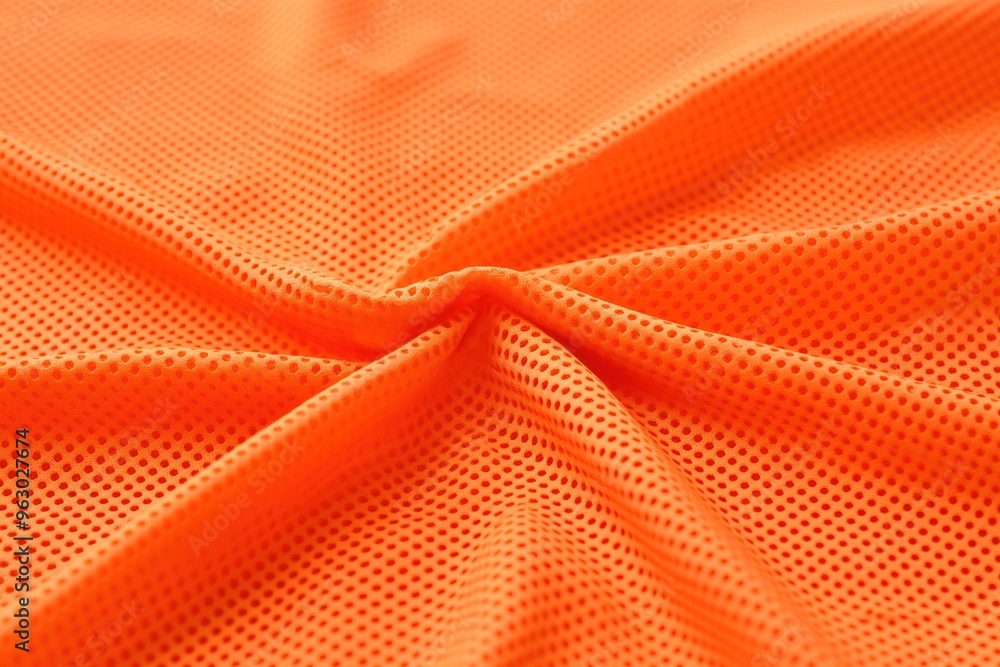 Poster vibrant orange fabric texture with small holes, folded to reveal pattern. close-up view of jersey ma