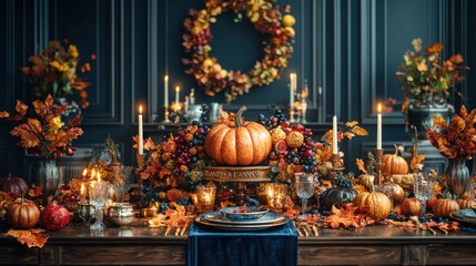 Obraz premium Elegant Thanksgiving card with gold foil lettering on a deep navy background, positioned on a luxurious wooden table with a velvet runner