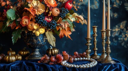 Fototapeta premium Opulent Thanksgiving card featuring a rich navy blue background with gold foil embossed turkey and autumn foliage, placed on a velvet tablecloth